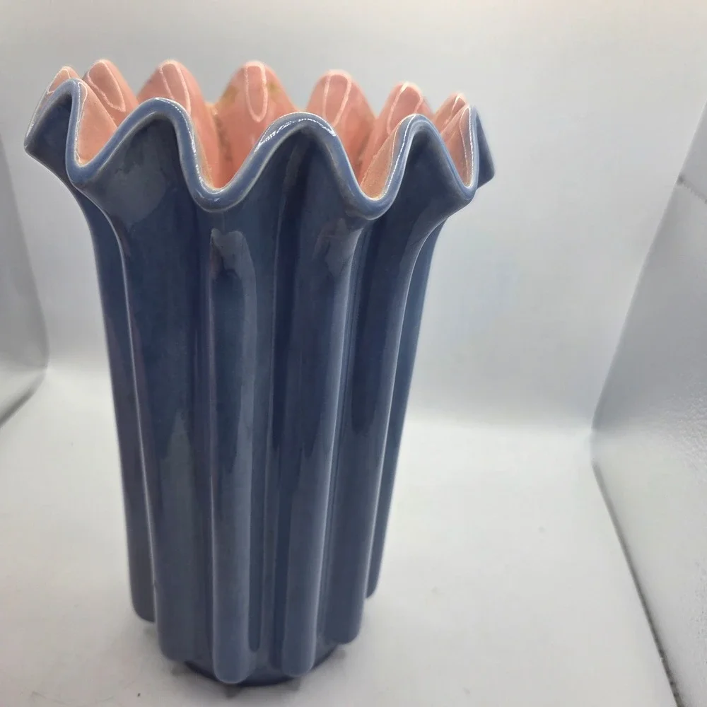 Vintage Red Wing USA 1149 Pottery Vase Blue Pink Ruffled Fluted Art Pottery